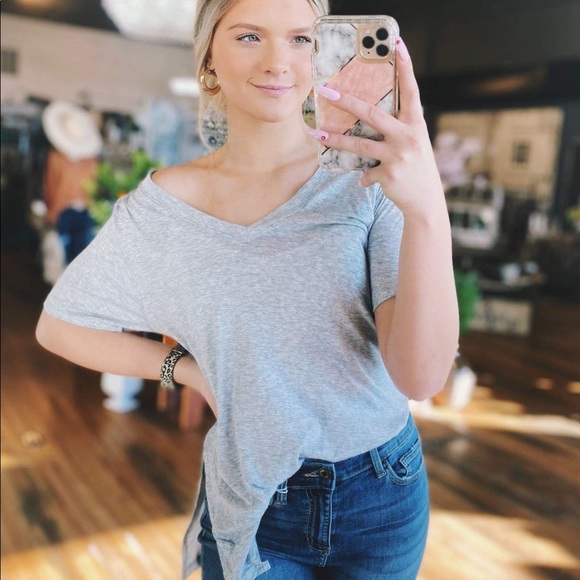 BASICALLY YOU V-NECK SHIRT-GRAY - Picture 3 of 5